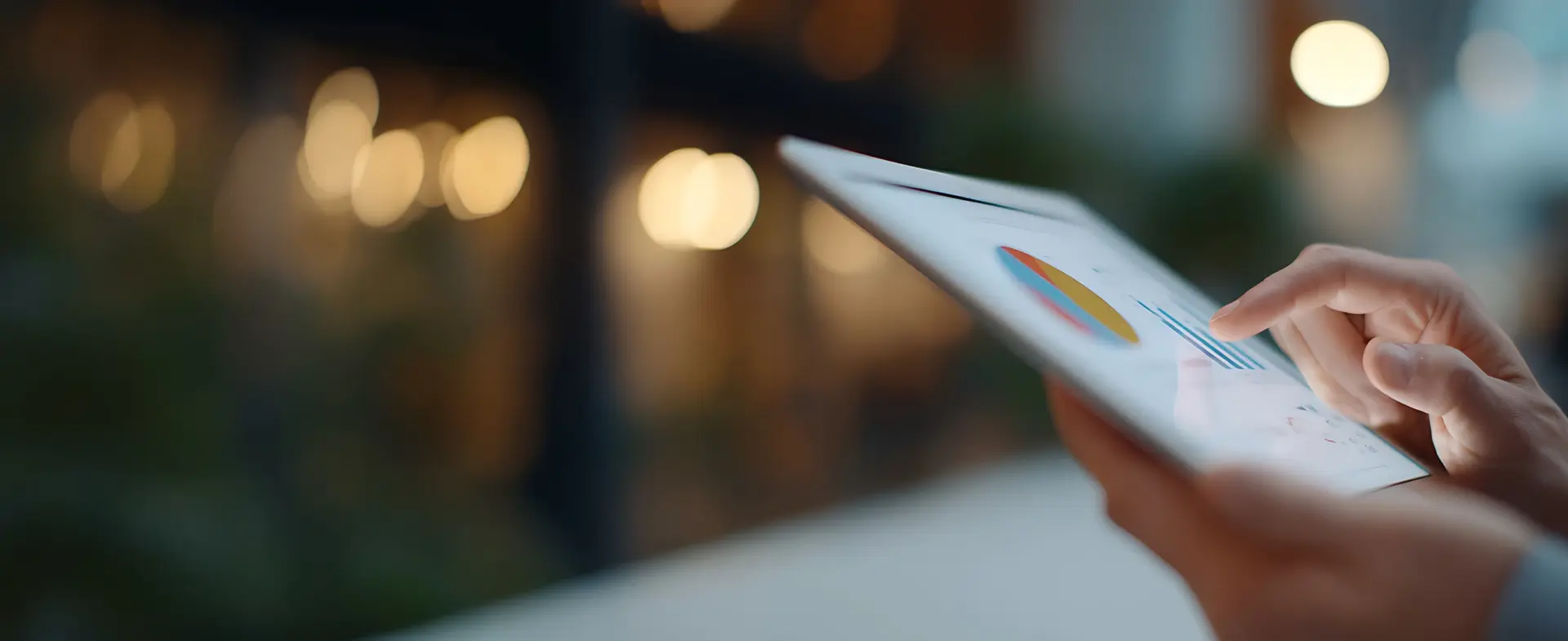 Tablet mit Diagrammen in der Hand eines Menschen, Hintergrund ist unscharf